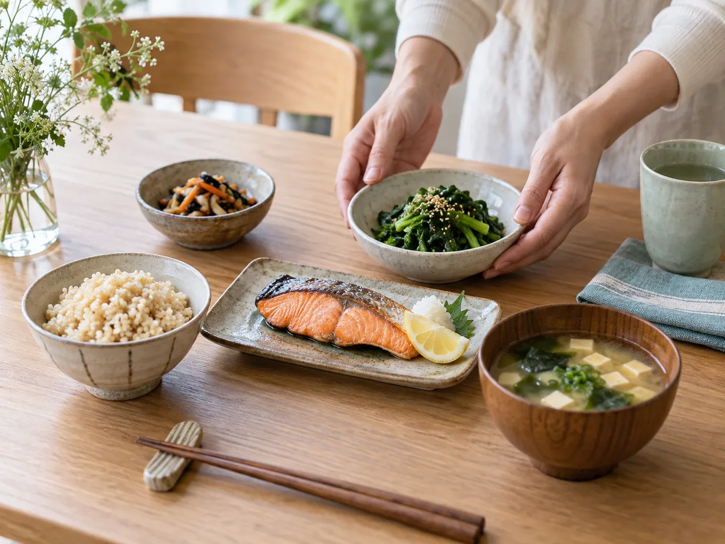 主食・魚・野菜をそろえた、無理なく続ける食事のイメージ